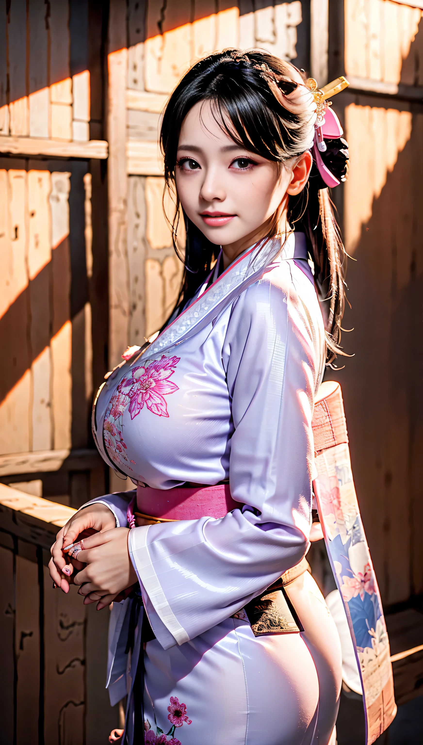 kimono blanc、motif japonais rose、(Kimono à manches longues:1.5)、ou、(qualité supérieure)、1 femelle、16 ans、Esbian partout、Aux cheveux noirs、Attachez vos cheveux en arrière、(Réaliste:1.7)、((Meilleure qualité d&#39;image))、absurde、(超Une haute résolution)、(Photoueal:1.6)、Photoueal、Rendu d&#39;octane、(Ultra réaliste:1.2)、(Réaliste face:1.2)、(8k)、(4k)、(chef-d&#39;œuvre)、(Réaliste skin texture)、(Sensibilisation、Éclairage de cinéma、mur-)、(Beaux yeux:1.2)、((((visage parfait))))、(Un joli visage comme une idole:1.2)、( Sont debout)、tombeau、((De très gros seins plus gros qu&#39;un visage))、(Janvier)、Un joli visage avec une attention aux détails、Vraie beauté、Rire、