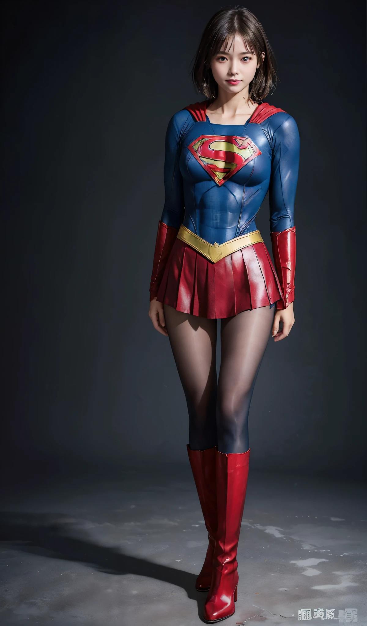 No background、(((Beautiful legs in black tights.)))、(((Legally express the beauty of your smile)))、((((Make the most of your original images)))、(((Body-fitting Supergirl costume)))、(((Supergirl Costume)))、(((Short beautiful hair)))、(((suffering)))、(((Please wear black tights....、Wear red boots)))、((Best image quality、8k))、((highest quality、8k、masterpiece:1.3))、(((Preserve background )))、Sharp focus:1.2、Beautiful woman with perfect figure:1.4、Slim Abs:1.2、Wet body:1.5、Highly detailed face and skin texture、8k