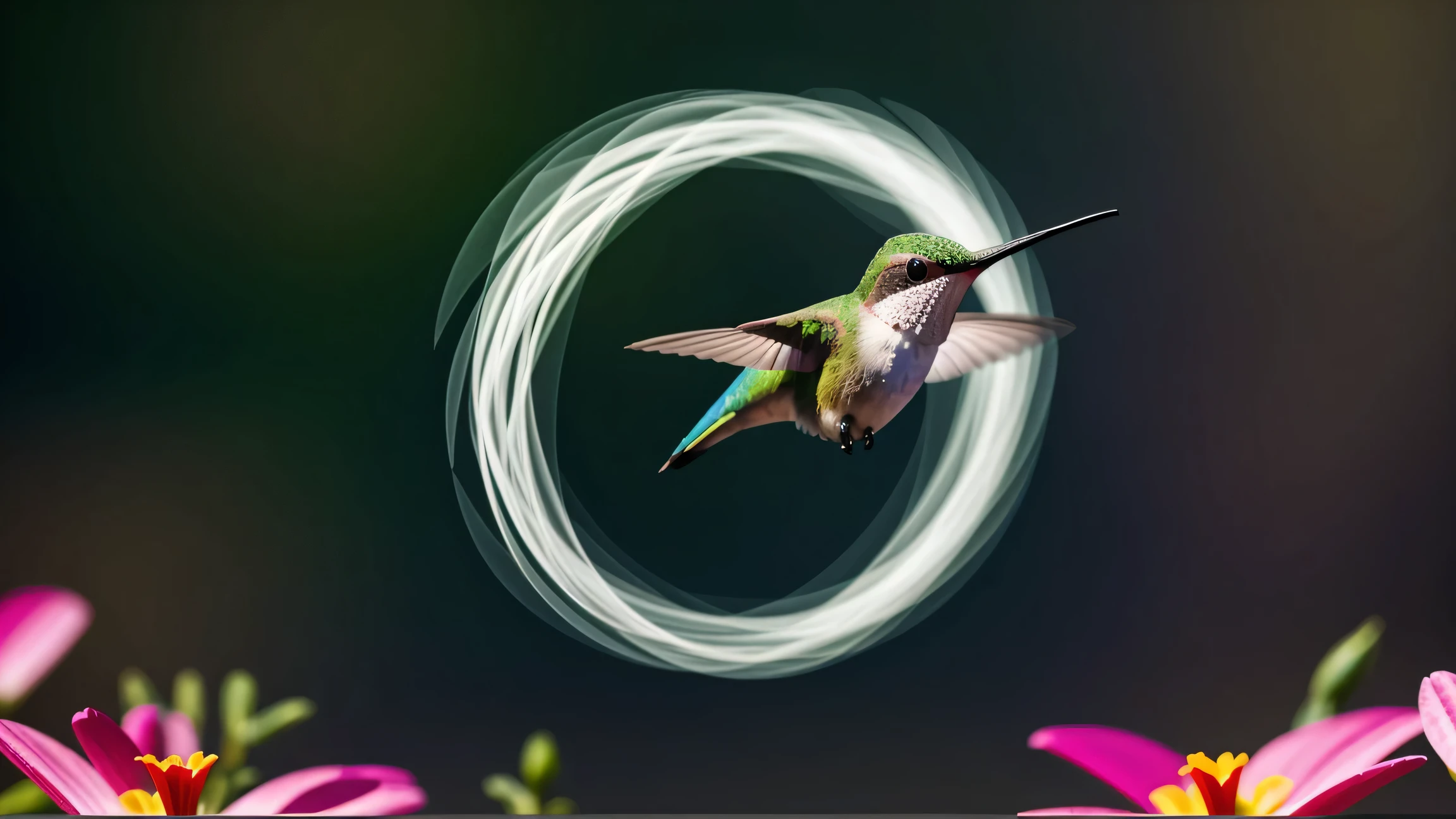 colorful Hummingbird flying near beautiful flowers, ((masterpiece, highest quality, Highest image quality, High resolution, photorealistic, Raw photo, 8K))