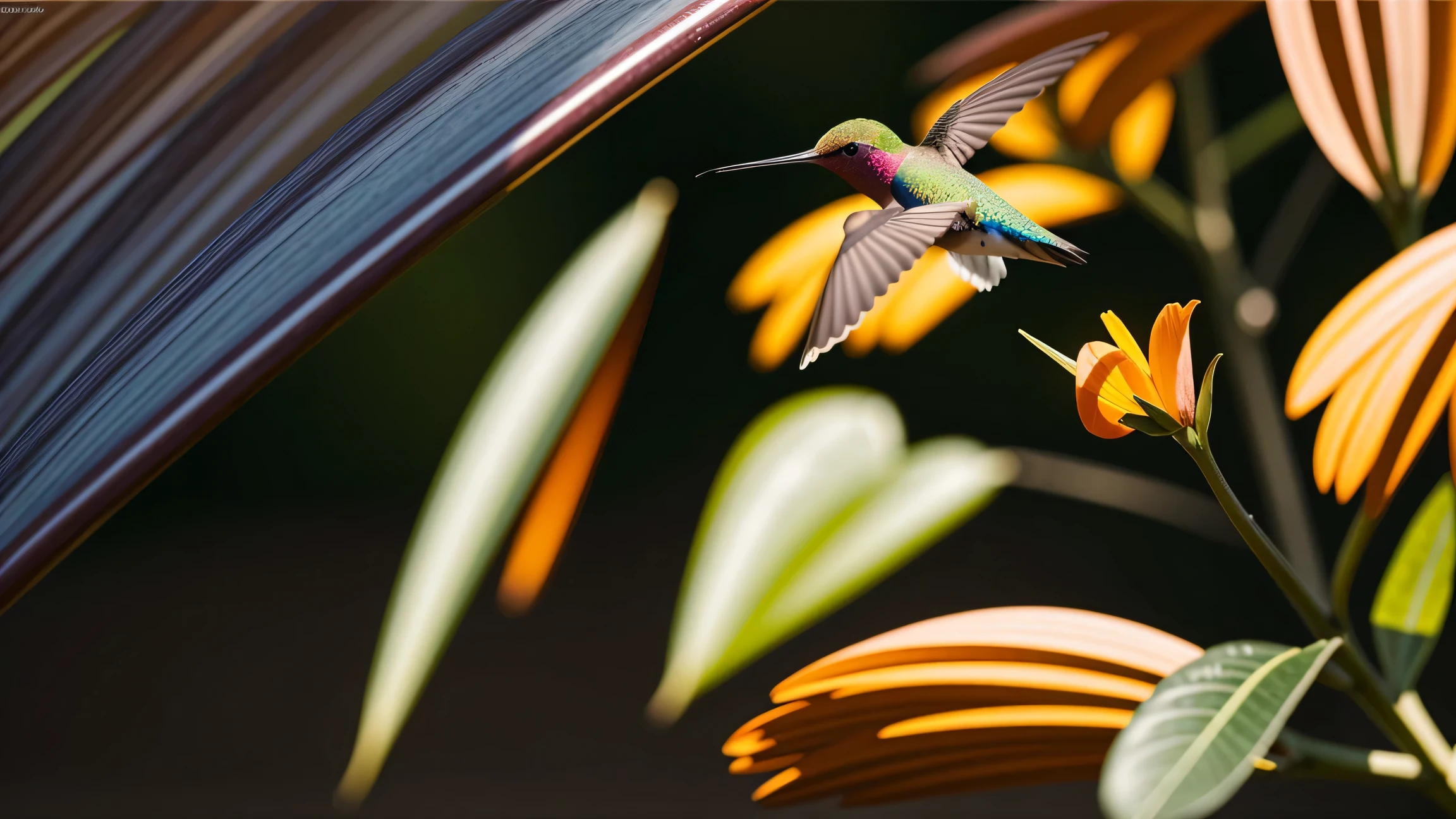 colorful Hummingbirds flying near beautiful flowers, ((masterpiece, highest quality, Highest image quality, High resolution, photorealistic, Raw photo, 8K))
