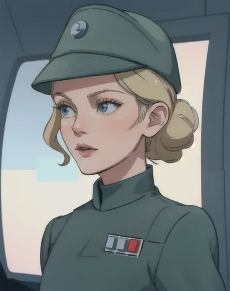Disney Cartoon of Kirsten Dunst in olive gray imperialofficer uniform and hat, blonde hair in small tight bun, smooth pale white...