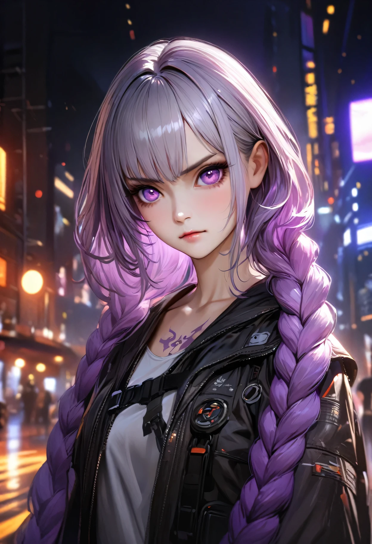 (best quality,4k,8k,highres,masterpiece:1.2),ultra-detailed,realistic:1.37, HDR,UHD,studio lighting,ultra-fine painting,sharp focus,physically-based rendering,extreme detail description,professional,vivid colors,bokeh,Night view, yinji , 1 Girl, purple hair,purple eyes,very long hair,grey hair,double braid,gradient hair, City background with neon lights, portrait, masterpiece, woman , Have a tattoo, post apocalyptic, ready to fight, Serious expression, 