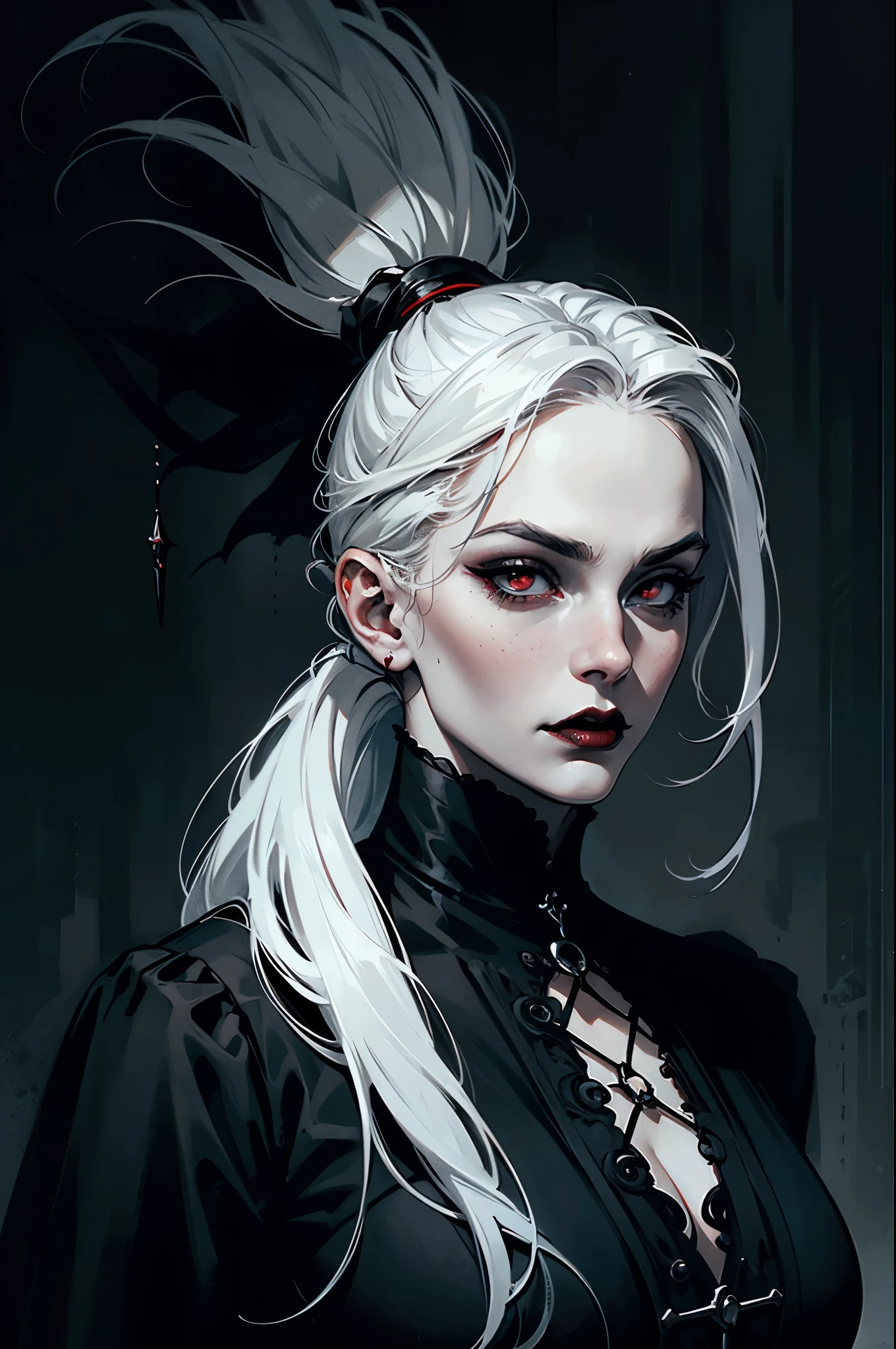 Woman with white hair and red eyes in black shirt, black lips,  huge breasts, ponytail, Vampire Girl, Dark, But detailed digital art, dark fantasy style art, Portrait of a vampire, androgynous vampire, Dark art style, style of charlie bowater, gothic horror vibes, tom bagshaw artstyle, gothic art style, dark fantasy portrait, neoartcore and charlie bowater