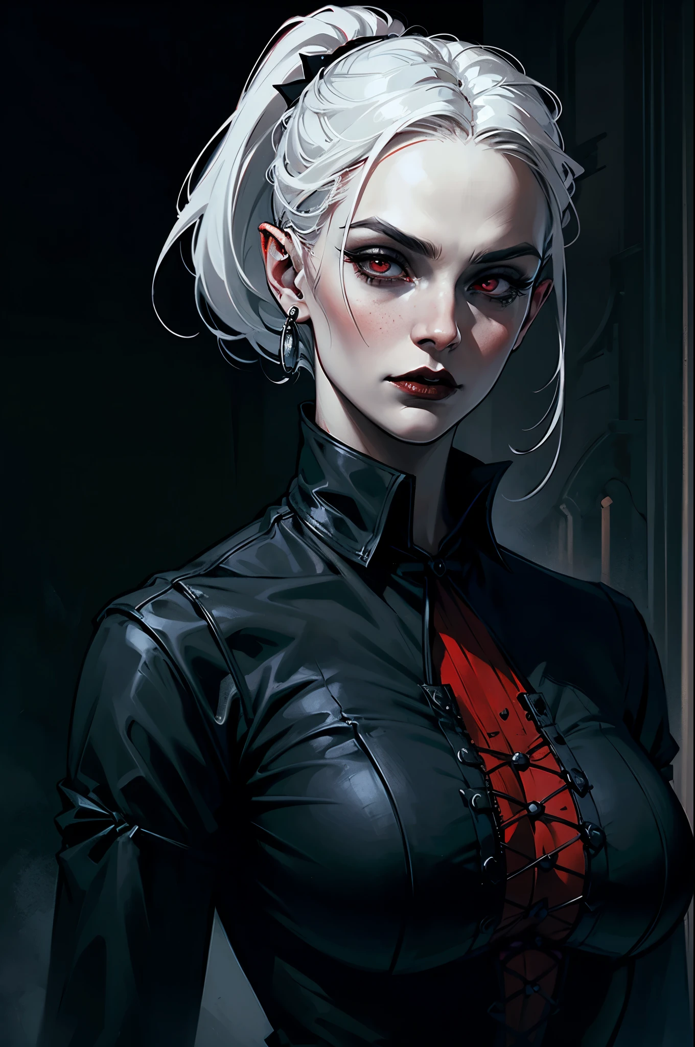 Woman with white hair and red eyes in black shirt, black lips,  huge breasts, ponytail, Vampire Girl, Dark, But detailed digital art, dark fantasy style art, Portrait of a vampire, androgynous vampire, Dark art style, style of charlie bowater, gothic horror vibes, tom bagshaw artstyle, gothic art style, dark fantasy portrait, neoartcore and charlie bowater