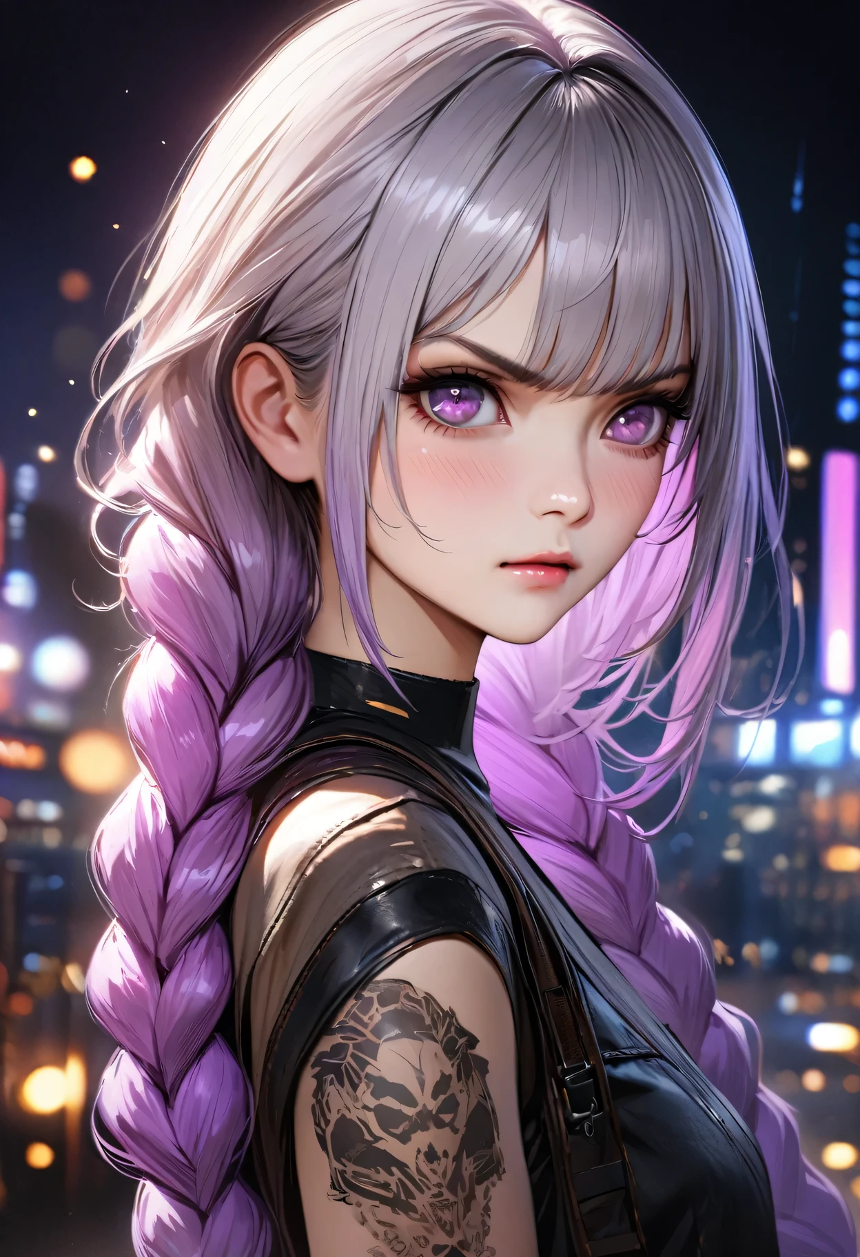 (best quality,4k,8k,highres,masterpiece:1.2),ultra-detailed,realistic:1.37, HDR,UHD,studio lighting,ultra-fine painting,sharp focus,physically-based rendering,extreme detail description,professional,vivid colors,bokeh,Night view, yinji , 1 Girl, purple hair,purple eyes,very long hair,grey hair,double braid,gradient hair, City background with neon lights, portrait, masterpiece, woman , Have a tattoo, post apocalyptic, ready to fight, Serious expression, 