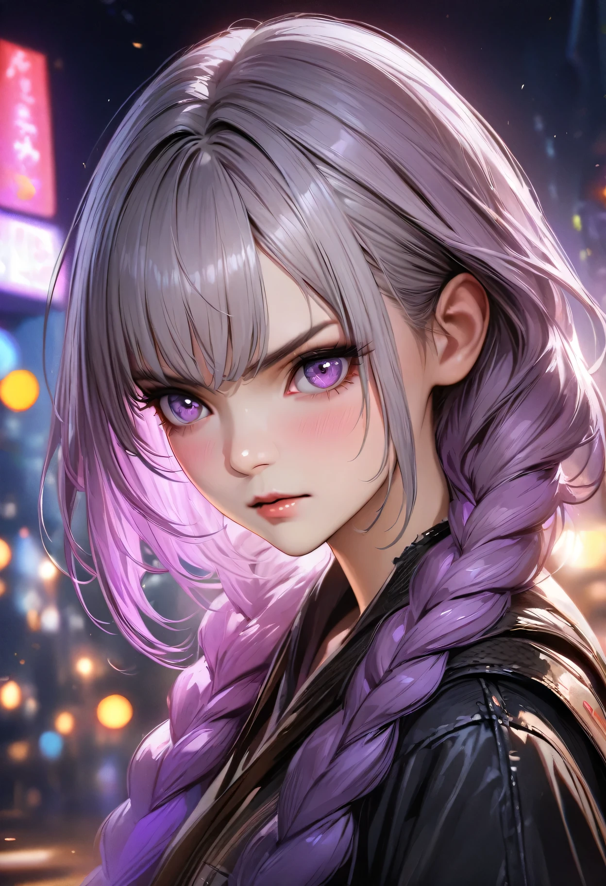 (best quality,4k,8k,highres,masterpiece:1.2),ultra-detailed,realistic:1.37, HDR,UHD,studio lighting,ultra-fine painting,sharp focus,physically-based rendering,extreme detail description,professional,vivid colors,bokeh,Night view, yinji , 1 Girl, purple hair,purple eyes,very long hair,grey hair,double braid,gradient hair, City background with neon lights, portrait, masterpiece, woman , Have a tattoo, post apocalyptic, ready to fight, Serious expression, 