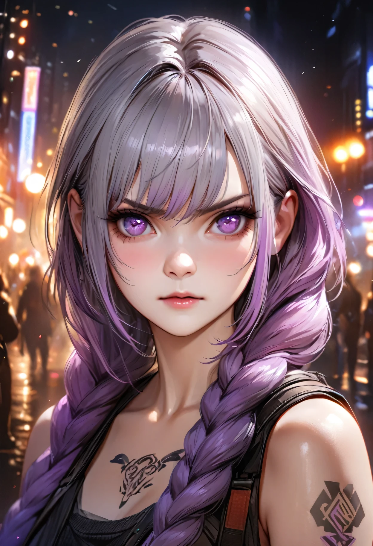 (best quality,4k,8k,highres,masterpiece:1.2),ultra-detailed,realistic:1.37, HDR,UHD,studio lighting,ultra-fine painting,sharp focus,physically-based rendering,extreme detail description,professional,vivid colors,bokeh,Night view, yinji , 1 Girl, purple hair,purple eyes,very long hair,grey hair,double braid,gradient hair, City background with neon lights, portrait, masterpiece, woman , Have a tattoo, post apocalyptic, ready to fight, Serious expression, 
