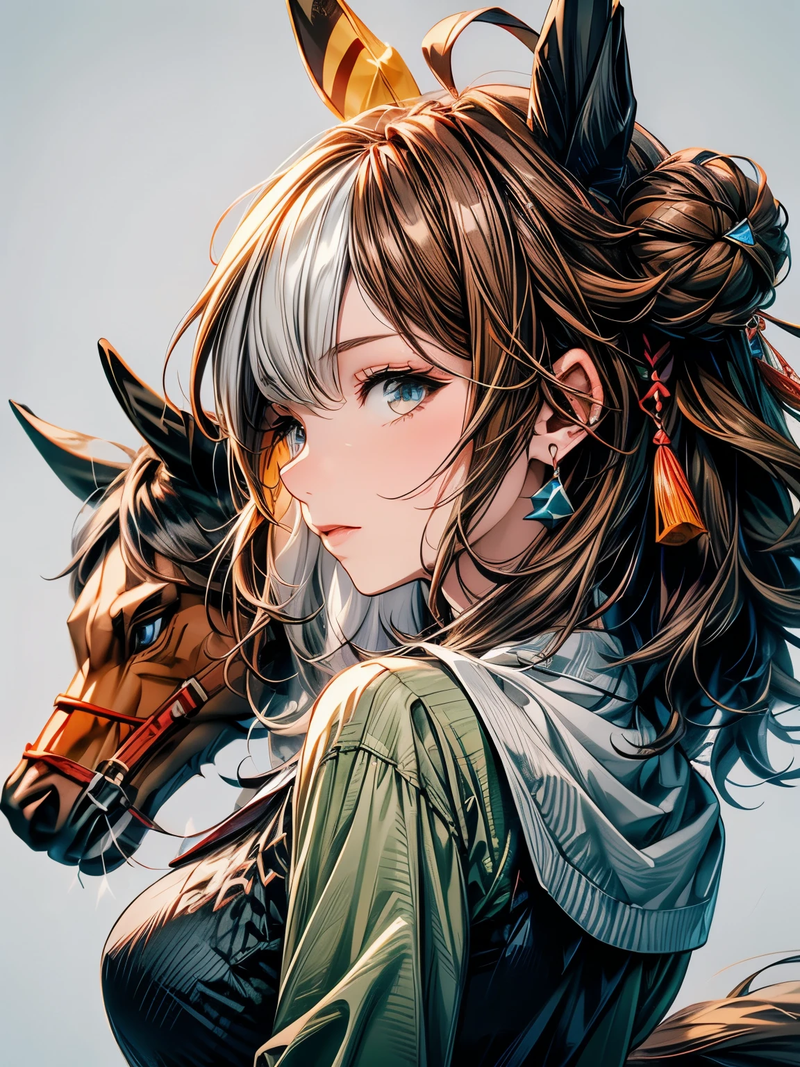 Horse Girl, oaks, Cervinia, Green clothes, Serious expression, profile, horse ear, Animal ears, Horse tail, Brown hair with some gray hair,