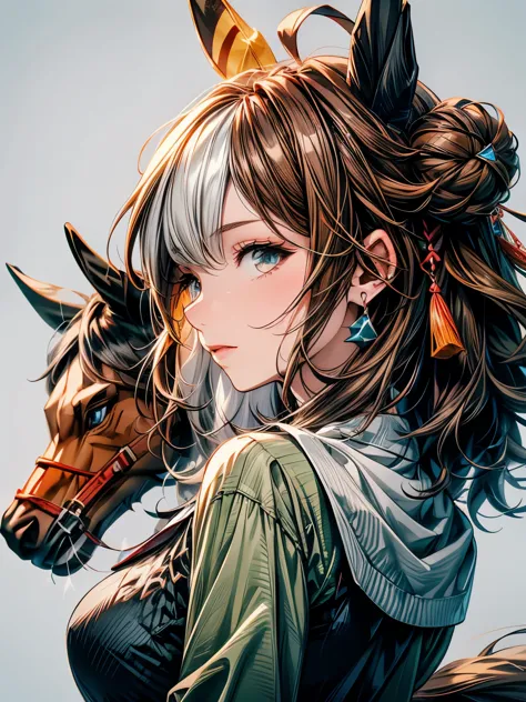 horse girl, oaks, cervinia, green clothes, serious expression, profile, horse ear, animal ears, horse tail, brown hair with some...