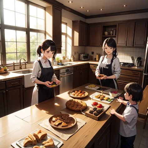 Smiling children and their mothers, Making pastries and pies, Home kitchen with large windows, Natural light, Very detailed.