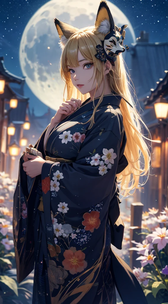 masterpiece, high quality, 4K, Beautiful design, silhouette，blonde， 非常に詳細な夜のStarry Sky,Flower Field， wonderful, Finer details,  Very knowledgeable woman, Highly detailed solo, 1 female,Beautiful Eyes，Fox Mask Template，I like rumors，Big Breasts，kimono，Night view，Starry Sky，full moon，