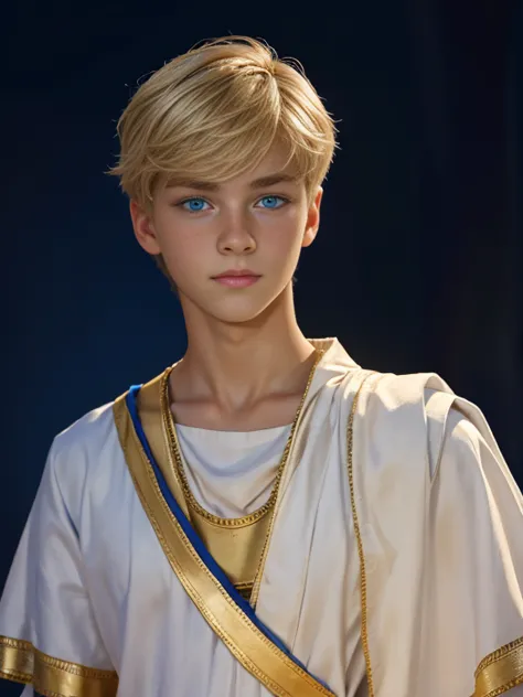 Portrait, 1boy, 17 years old, wears Greek toga, ancient Greece, handsome, Greek model, blonde boy, blue eyes, symmetrical, focus...