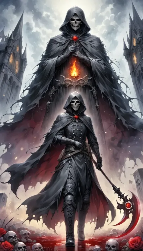 （messenger from hell：1.4），grim reaper with a giant scythe，viewpoint from below，hell，magma，flame，（purple flame：1.3），there is fres...