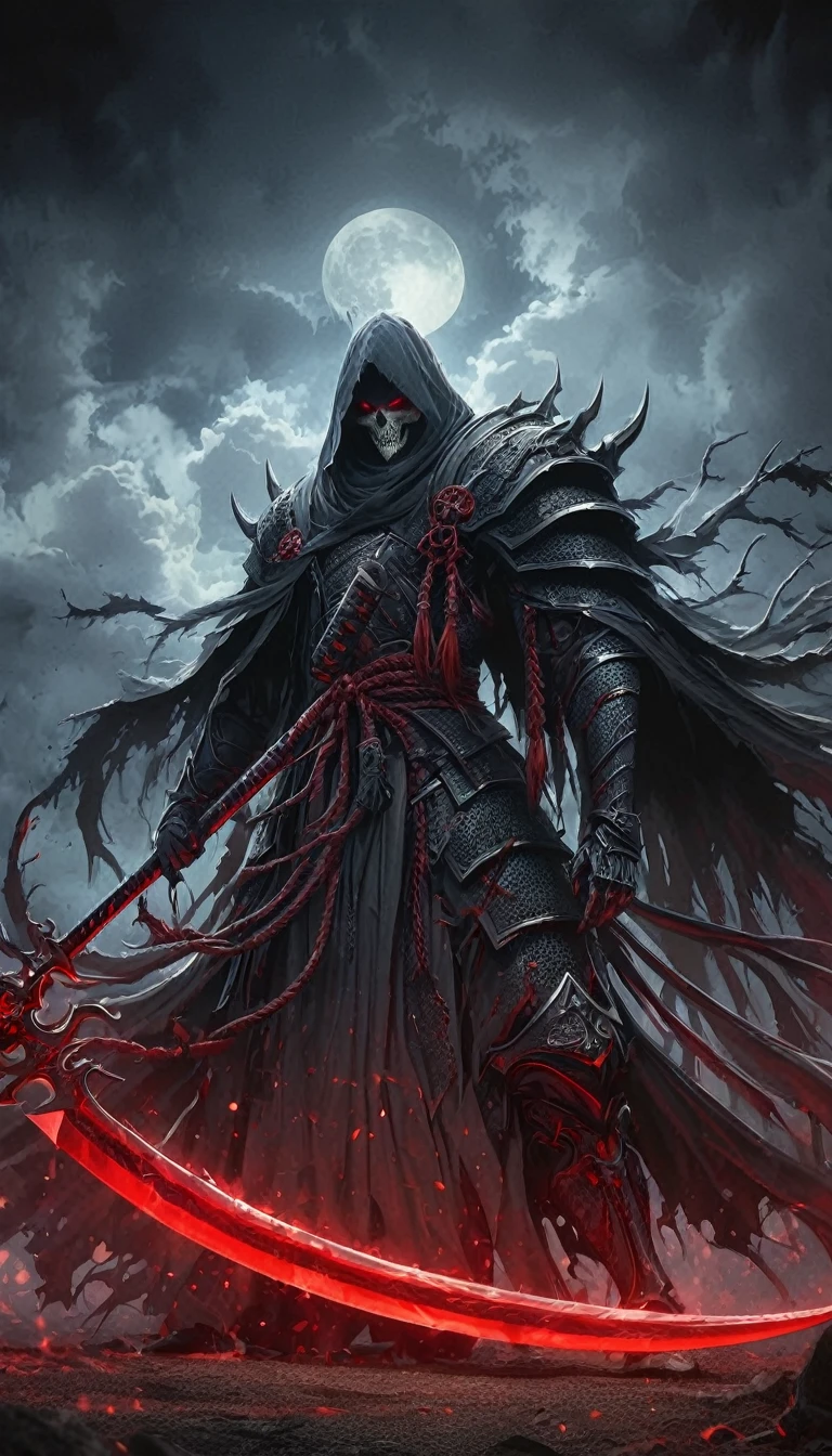 highres,ultra-detailed,sharp focus,photorealistic,samurai grim reaper,skeleton in samurai armor,glowing red eyes,menacing aura,dark and eerie atmosphere,deadly katana,sinister scythe,skeletal features,haunting presence,ominous shadows,misty graveyard background,ancient samurai helmet and mask,tattered and worn samurai armor,flowing black robe,dramatic pose,foreboding clouds,moonlit night,crimson blood splatters,battle scars,decaying flesh,martial arts stance,ethereal energy,spiritual power,evil spirit,death personified,vengeful soul,unsettling grimace,mythical warrior,legendary specter,cold metallic armor texture,fearsome warrior of the afterlife,unseen forces,eternal guardian of the underworld,supernatural strength,demonic symbol,ancient runes,ceremonial sword,ghostly figure,layered kimono,moonlit samurai,ghost warrior,wispy hair,shadowy presence,foreboding figure