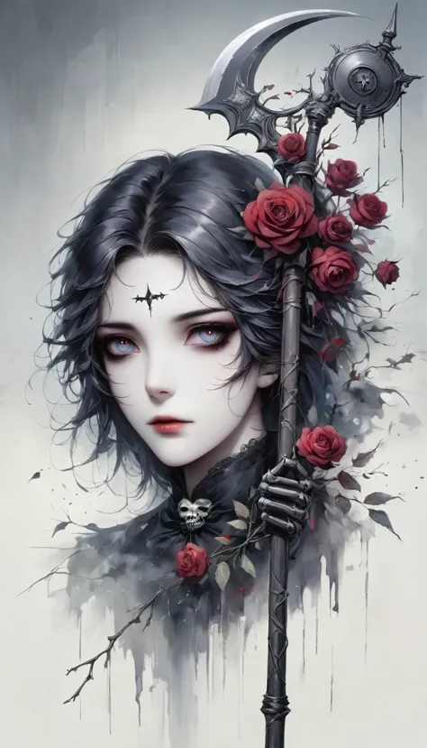 grim reaper holding a scythe，gloomy eyes， heqiang，wilted roses，withered death,simplicity，abstract，gothic，dark