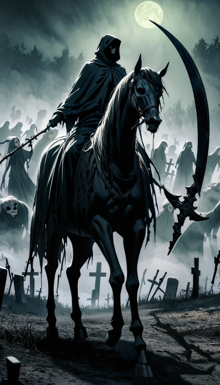black cloak, eerie atmosphere, haunting, spectral, mysterious, moonlight, shadows,cemetery, fog, ethereal, menacing presence, death personified, eerie glow, bone-chilling, spectral horse, ghostly figure, surreal, chilling, gothic, macabre. 

(best quality, highres, ultra-detailed), (dark, moody:1.1), (grim reaper:1.1), (skeleton horse:1.4), (riding on skeleton horse), (wind:0.9), (scythe:1.3), (black cloak), (eerie atmosphere:1.1), (haunting:1.1), (spectral), (mysterious:1.1), (moonlight), (shadows:1.1), (cemetery), (fog:1.1), (ethereal:1.1), (menacing presence:1.2), (death personified), (eerie glow:1.1), (bone-chilling:1.1), (spectral horse), (ghostly figure), (surreal:1.1), (chilling:1.1), (gothic:1.1), (macabre:1.1).