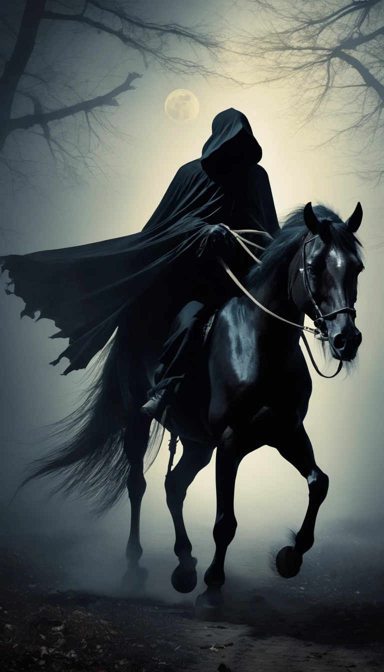 black cloak, eerie atmosphere, haunting, spectral, mysterious, moonlight, shadows,cemetery, fog, ethereal, menacing presence, death personified, eerie glow, bone-chilling, spectral horse, ghostly figure, surreal, chilling, gothic, macabre. 

(best quality, highres, ultra-detailed), (dark, moody:1.1), (grim reaper:1.1), (skeleton horse:1.4), (riding on skeleton horse), (wind:0.9), (scythe:1.3), (black cloak), (eerie atmosphere:1.1), (haunting:1.1), (spectral), (mysterious:1.1), (moonlight), (shadows:1.1), (cemetery), (fog:1.1), (ethereal:1.1), (menacing presence:1.2), (death personified), (eerie glow:1.1), (bone-chilling:1.1), (spectral horse), (ghostly figure), (surreal:1.1), (chilling:1.1), (gothic:1.1), (macabre:1.1).