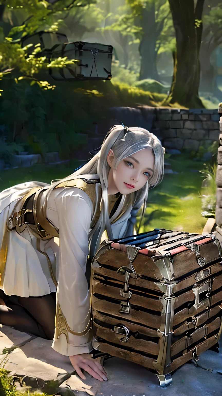 live-action, photo of, green eyes , A scene inspired by the manga 'Frieren: Beyond Journey's End', A hyper-realistic movie photograph of a  , elven girl with long, smirking, ((silver hair styled in twin tails)). She is wearing a detailed, white and gold-trimmed uniform with a belt and dark stockings. She is bending over, ((looking at a giant treasure chest:1.5)). The background features a stone wall and some foliage, with sunlight casting dramatic shadows. The scene captures a sense of curiosity and surprise, reflecting a fantasy adventure setting.
