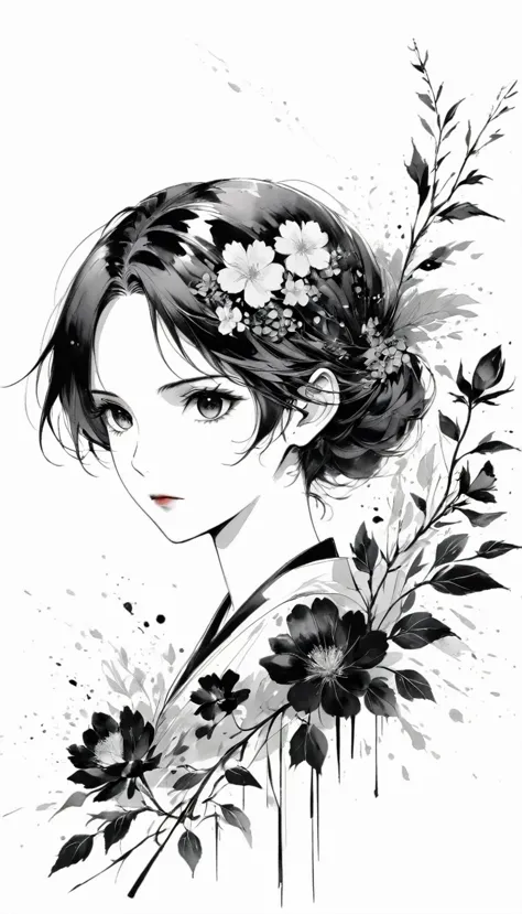 (anime line drawing:1.5)，(black and white:1.45)，minimalism，(line art:1.6)，sketch，charcoal drawing，black reaper，flower，ominous re...