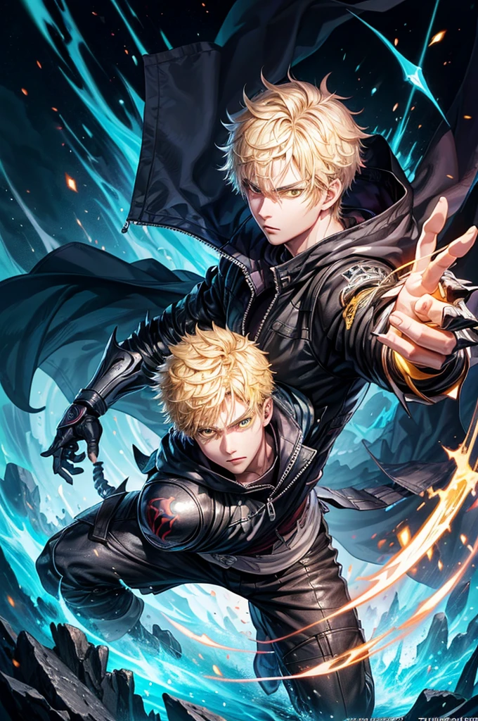 1boy,soft face,confident,young adult, simple clothes,wearing a black jacket, blue energy, ice, blizzard, (yellow color eyes), ((blonde hair)),short messy unkept hair, demon arm, devil trigger style arm, scaled arm, monster arm highest quality digital art, Stunning art, wallpaper 4k, highly detailed,BREAK, (anime style), epic, anime style, battlefield scenario, (digital art), masterpiece, 4K