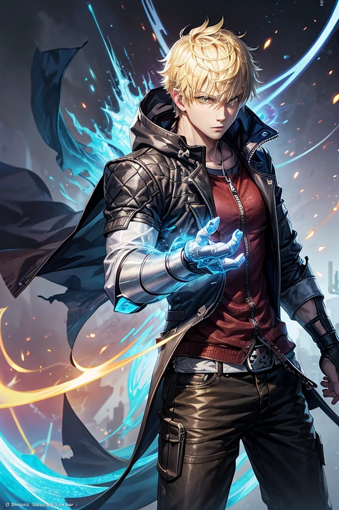 1boy,soft face,confident,young adult, simple clothes,wearing a black jacket, blue energy, ice, blizzard, (yellow color eyes), ((blonde hair)),short messy unkept hair, demon arm, devil trigger style arm, scaled arm, monster arm highest quality digital art, Stunning art, wallpaper 4k, highly detailed,BREAK, (anime style), epic, anime style, battlefield scenario, (digital art), masterpiece, 4K