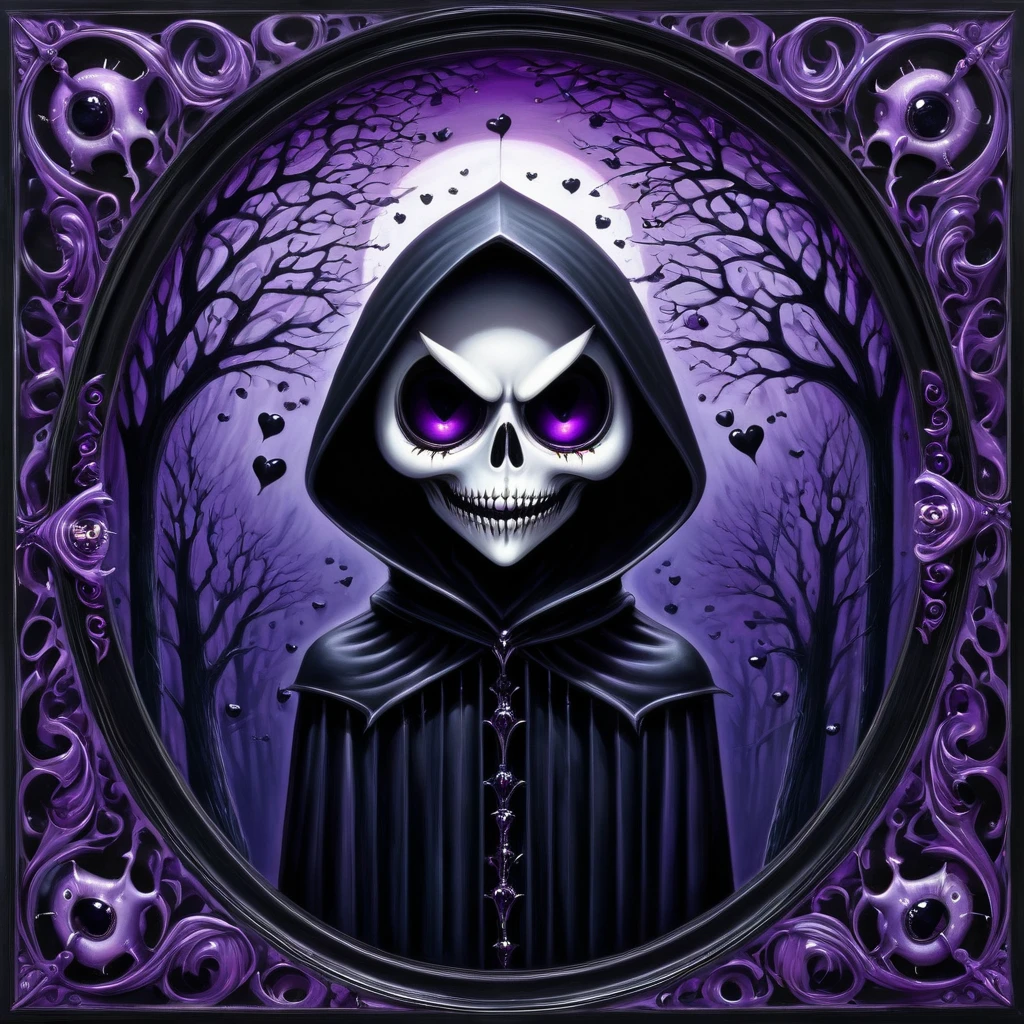 Gothic punk style , grandeur. abstract pattern on obsidian glass in which hearts eyes eyes fangs and smiles are subconsciously guessed , depth perception , perspective distortion , references to Rob Gonsalves and Roby Dwi Antono , masterpiece , octane rendering , Black Grim Reaper , purple highlights. overdetailization