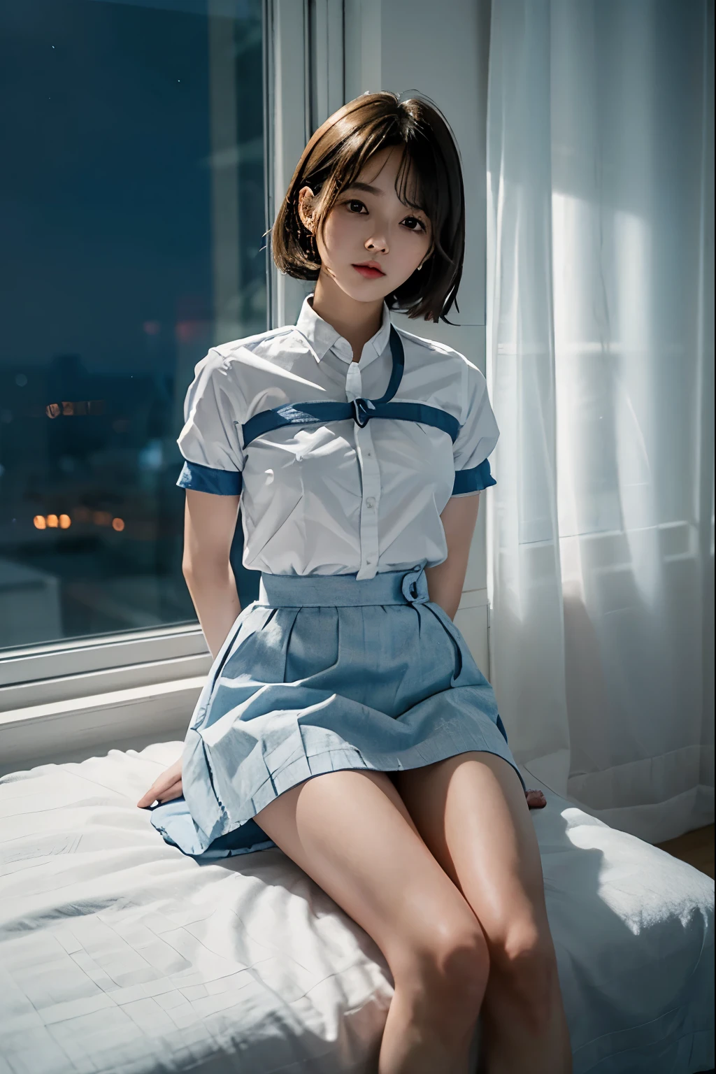 A cute girl is confined and tied up、In a room with the lights on at night、White under the blue skirt、Red short sleeve shirt、Sit with your feet together and forward、Beauty、30 years old、Medium build、Outside the window is night、
