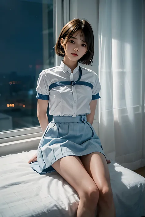 A cute girl is confined and tied up、In a room with the lights on at night、White under the blue skirt、Red short sleeve shirt、Sit ...