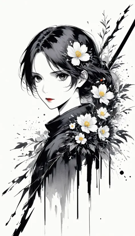 (anime line drawing:1.5)，(black and white:1.45)，minimalism，(line art:1.6)，sketch，charcoal drawing，black reaper，flower，ominous re...