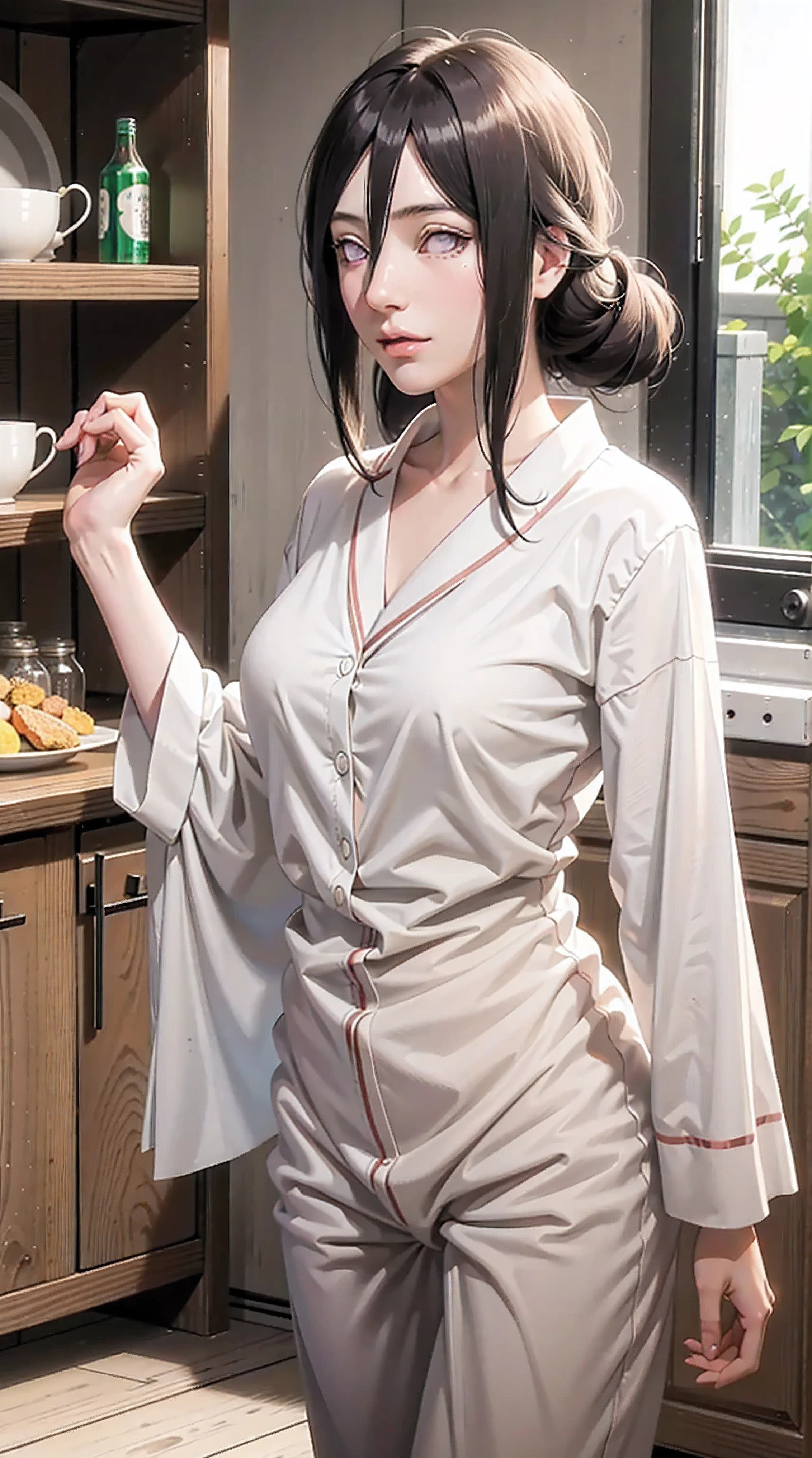 hyuuga hanabi, long hair tied low, hair band, hana purple eyes, beautiful, beautiful woman, perfect body, perfect breasts, wearing white pajamas, pajamas, sleepwear, in the kitchen, clear kitchen, looking at the audience, a slight smile, realism, masterpiece , textured leather, super detail, high detail, high quality, best quality, 1080p, 16k