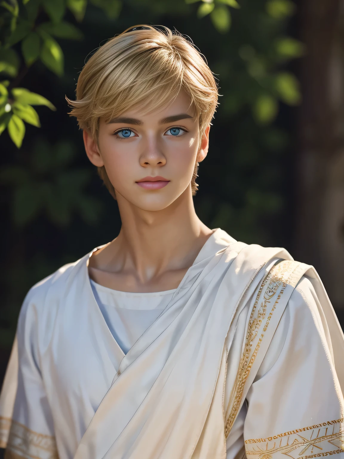 Portrait, 1boy, 17 years old, wears Greek toga, ancient Greece, handsome, Greek model, blonde boy, blue eyes, symmetrical, focus on the boy, medium shot, slim but defined body, looking at the camera, film grain, young god greek, beauty, pose, super model, young god greek beauty, representation of a Greek god, glorious, majestic, supreme, nature, artistic portrait, artistic pose, photography award