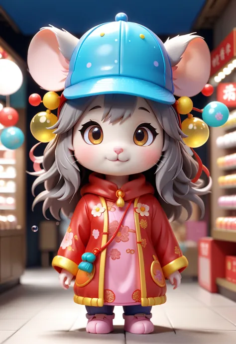 wearing a chinese rat hat, bright eyes, bubble mart blind box, 3d rendering，hairy, cute girl