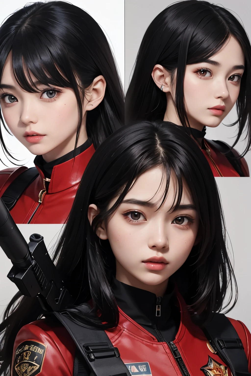 One beautiful woman。Detailed drawing of faces。Beautiful double eyelids。Straight nose。Well-shaped lips。Black Hair。Twenty years old。He has a serious expression on his face.。She wears a red combat suit、Carrying a large gun。She&#39;s standing in a wilderness that reminds me of Marasterpiece