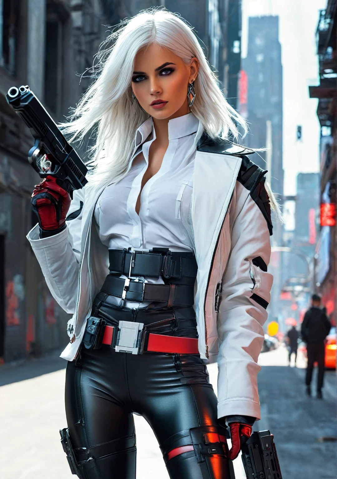 1 girl, close up shot, (white hair, medium hair, red eyes), Perfect anatomy, city, Cyberpunk Style, ((white shirt, black jacket, black pants, futuristic overcoat, belt, black gloves, wristwatch, earrings, see through black leggings)), ((holding gun)), war, city ruins, buildings, To capture this extraordinary scene, a high-resolution camera is required, such as the Phase One XF IQ4 150MP. capture light in harsh conditions. Diffuse natural lighting, minimizing harsh shadows. Camera settings include medium aperture, adjusted shutter speed, and a high-quality wide-angle lens with a focal length of approximately 35mm to capture the entire scene. in an immersive way. Sharp, precise details are captured, from wavy hair to complex clothing patterns, ensuring a natural and stunning image. Avoid hard or overly defined shadows that detract from the smoothness of the scene. - Do not include elements that suggest movement or agitation. - Avoid cluttered or out-of-place objects in the composition. - Do not include people in the scene. - Avoid objects that do not fit aesthetically into the peaceful and familiar environment.
