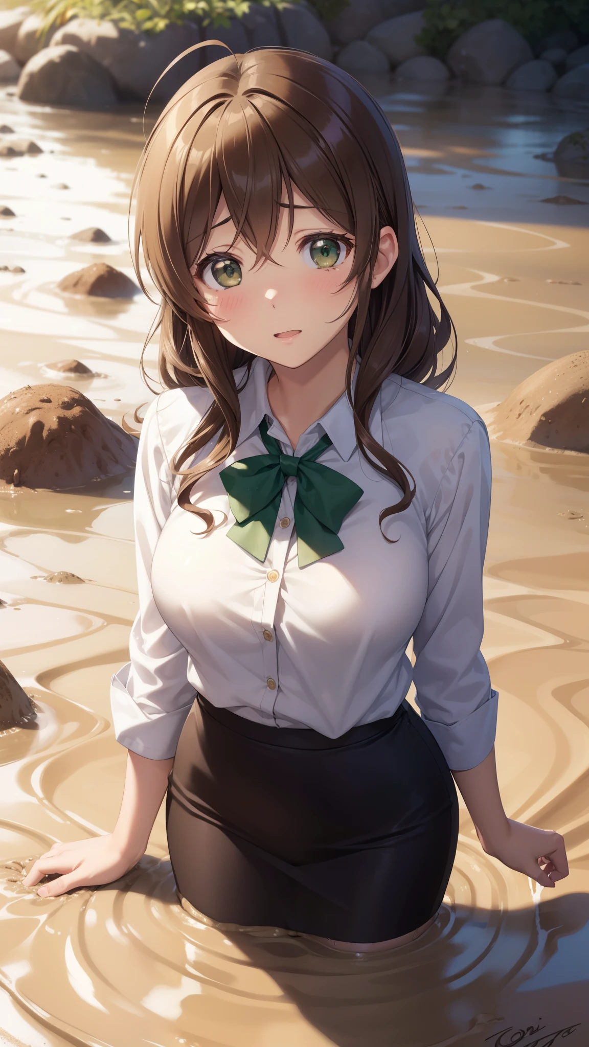 nozomitoujou, nozomi siempre, ojos verdes, Pelo castaño, Pelo RIZADO, pechos grandes, obra maestra, mejor calidad, Alta resolución, hermosos ojos detallados, cara extremadamente detallada, buena iluminacion, CG detallado, Pelo despeinado, blusa, falda de tubo, decepcionado,  Campo escolar, (arena movediza:1.3)