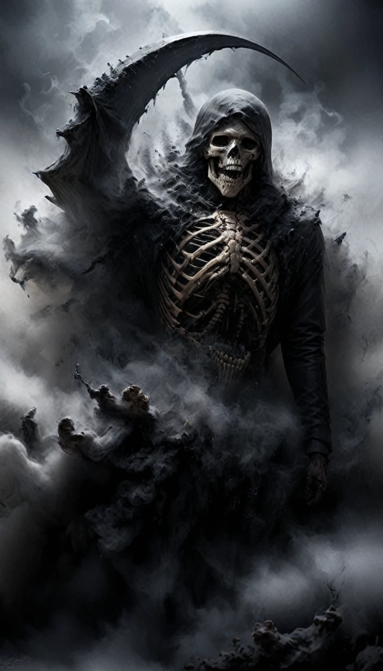 detailed, realistic, digital painting, 8k, Fog forming the figure of a grim reaper with scythe, a reaper rising from smoke, skeleton in black coat, smoky elements, gloomy atmosphere, Engulfed BY black