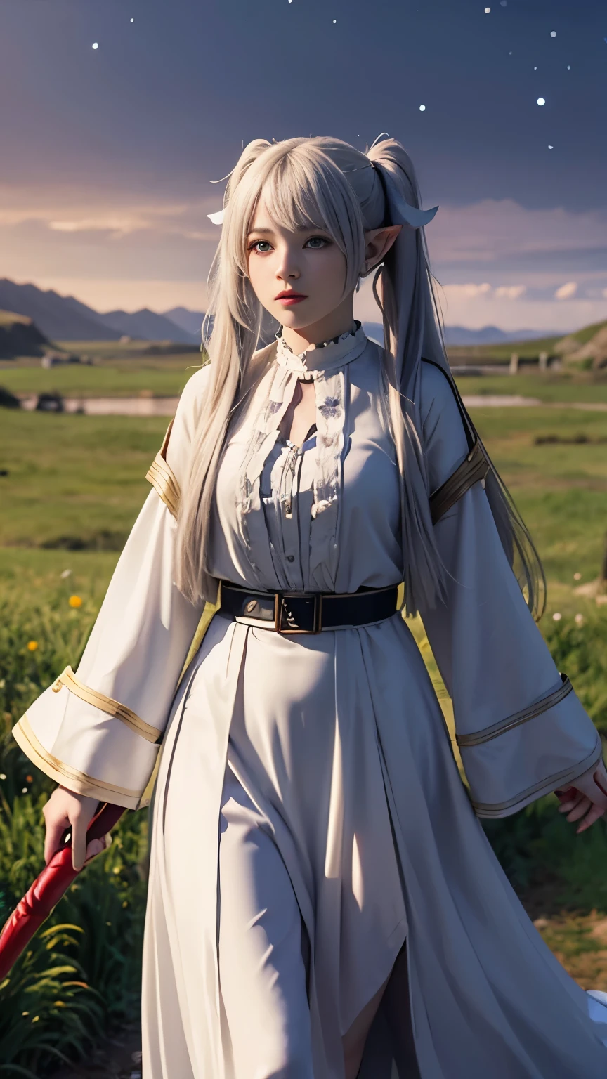 live-action, photo of, green eyes , A scene inspired by the manga 'Frieren: Beyond Journey's End', A hyper-realistic movie photograph of a young elven girl with long, silver hair styled in twin tails. She is wearing a detailed, white robe with gold trim, a black belt, and dark stockings. She is holding a long staff with a red gem at the top, adorned with a ribbon. The background is a simple, night black sky moon neutral color to highlight the character. The scene captures a sense of fantasy and magic, reflecting an epic adventure setting, Floating in the sky