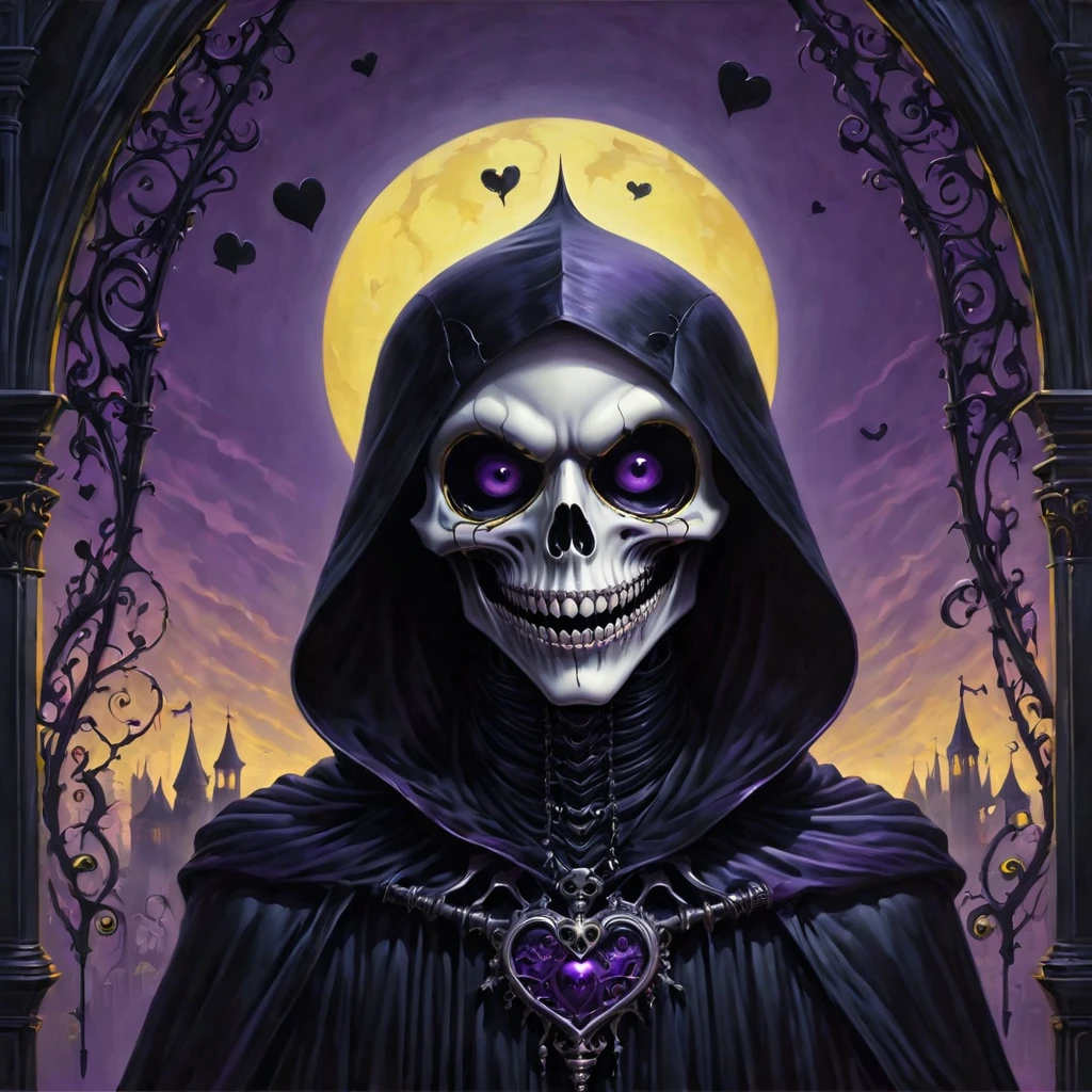 Gothic punk style , grandeur. abstract pattern on obsidian glass in which hearts eyes eyes fangs and smiles are subconsciously guessed , depth perception , perspective distortion , references to Rob Gonsalves and Roby Dwi Antono , masterpiece , octane rendering , Black Grim Reaper , purple yellow shadows. overdetailization