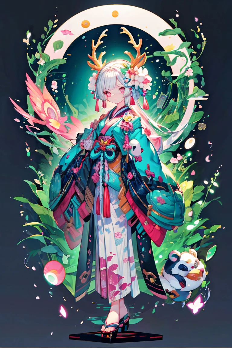 (Masterpiece:1.2)，Best quality，white backgrounid，Bamboo leaves，（1Blittle girl：1.5，Full body standing painting，looking at viewert），deer antlers, Entwined vines, petals, Pink and white clothes，long  skirt，facial closeups，big beatiful eyes，detailed face with，Flashy clothes，Wide_Sleeves，sash，flower，Ethereal panda，Dreamy，Onmyoji detailed art，A beautiful artwork illustration，Beautiful digital artwork，shoes，Footwear, komono, Zephyr elements, Flashy clothes, Traditional oriental art style, Beautiful painting style, ukiyo-style, tmasterpiece, top Quority, best qualtiy, Ultra-high resolution