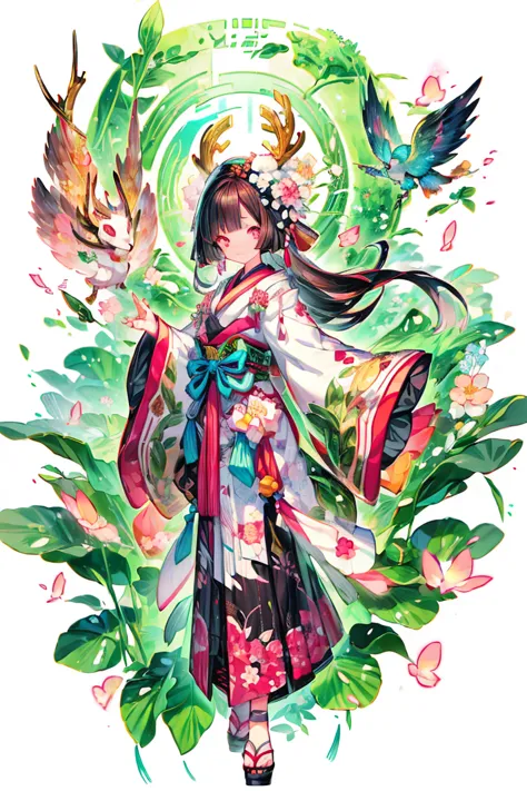 (Masterpiece:1.2)，Best quality，white backgrounid，Bamboo leaves，（1Blittle girl：1.5，Full body standing painting，looking at viewert...