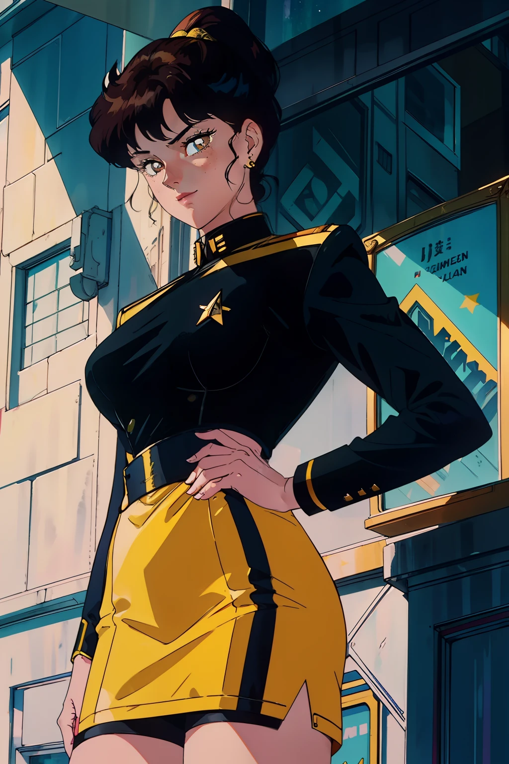 (Masterpiece), Close-up Portrait of a Gorgeous Woman in a Black and Yellow Star Trek Picard Uniform, Detailed Insignia, Long Black Sleeves, Black Chest, Yellow Shoulders, Lean Physique, No Accessories, Dark Eyes, Sculpted Face, Smile, Blush, Freckles, Waist Shot, Close-Up Perspective, Cityscape Backdrop -- s2

(Masterpiece), Close Cropped 80s Hairstyle, Close-up Portrait of a Beautiful Woman in a Daily Life Scene, Wearing a Black and Yellow Star Trek Picard Uniform, Detailed Insignia, Long Black