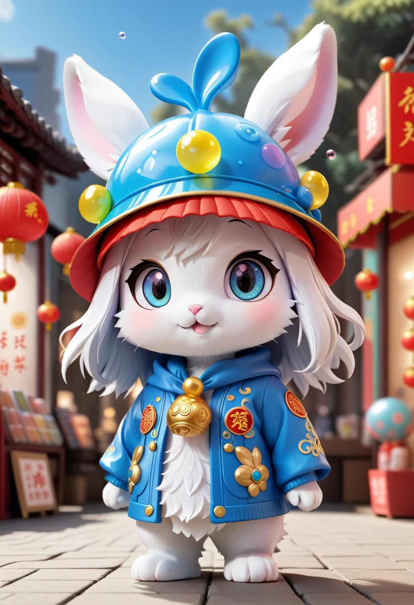 Usando un sombrero de conejo chino, ojos brillantes, Caja ciega de Bubble Mart, Representación 3D