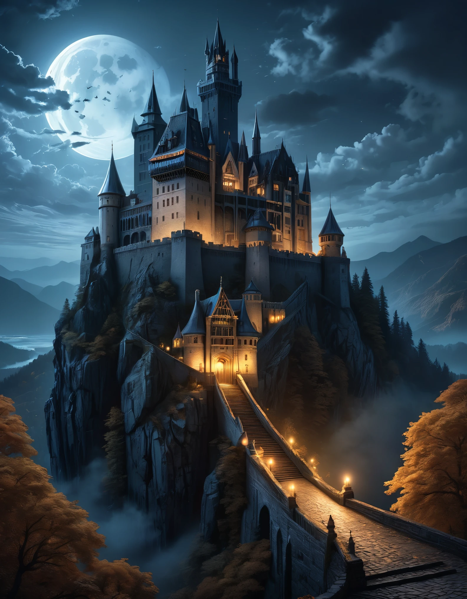 Illustrate a magical nigHt scene at Dracula's Castle, HigHligHting its mysterious nature. Incorporate subtle supernatural elements to enHance tHe cHilling effect., sf, kompliziert artwork masterpiece, bedrohlich, Filmplakat mit Matte-Painting, Goldener Schnitt, Trends bei cgsociety, kompliziert, Epos, Trends auf ArtStation, by artgerm, H. r. giger and beksinski, HigHly detailed, beschwingt, production cinematic cHaracter render, ultra HigH quality model