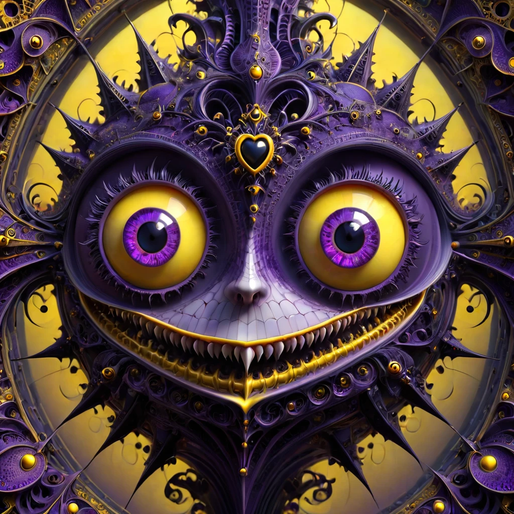 Gothic punk style , grandeur. abstract pattern on obsidian glass in which hearts eyes eyes fangs and smiles are subconsciously guessed , depth perception , perspective distortion , references to Rob Gonsalves and Roby Dwi Antono , masterpiece , octane rendering , Black Grim , purple highlights. overdetailization