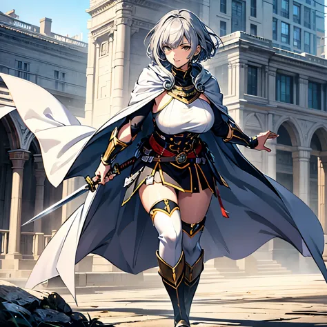 one woman、young、silver hair、short hair、yellow eyes、very large breasts、grinning mouth、warrior、white cape、holding a sword、full bod...