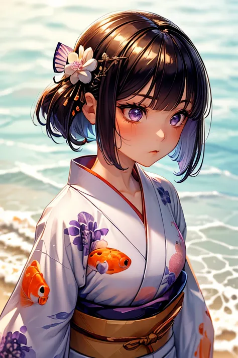 (ultra-detailed face, looking away:1.3), (She is walking on the beach wearing a Japanese yukata with a goldfish pattern.:1.3), (...