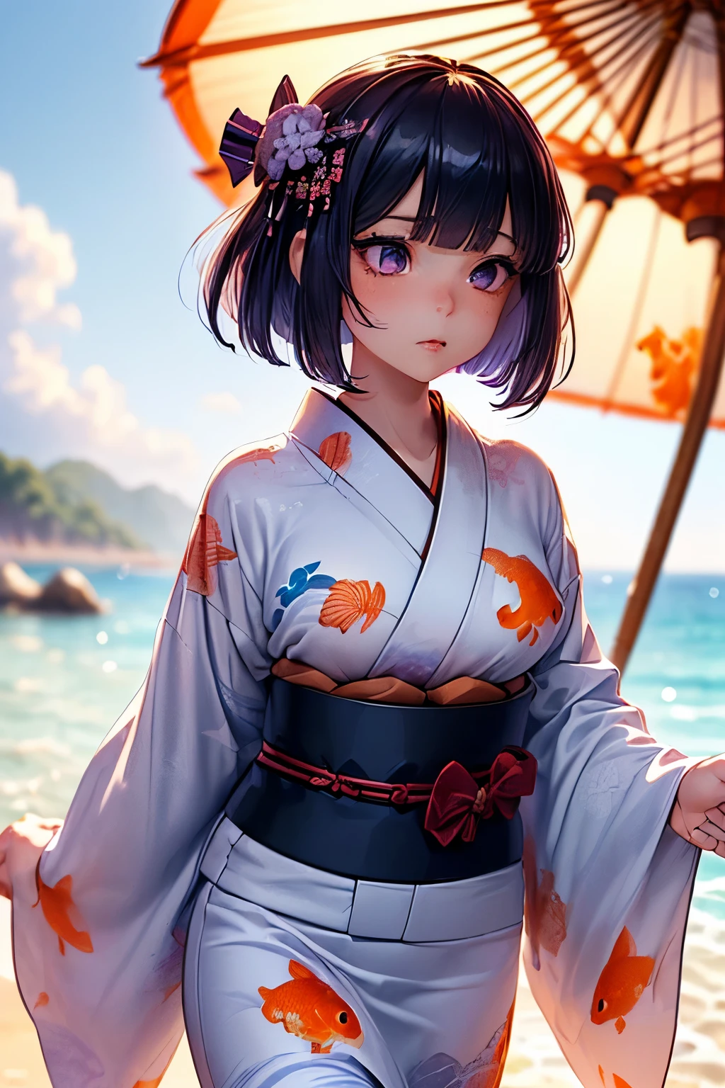 (ultra-detailed face, looking away:1.3), (She is walking on the beach wearing a Japanese yukata with a goldfish pattern.:1.3), (Fantasy Illustration with Gothic & Ukiyo-e & Comic Art.), (A middle-aged dark elf woman with white hair, blunt bangs, bob cut, and dark purple skin.), (Her eyes are lavender in color.)