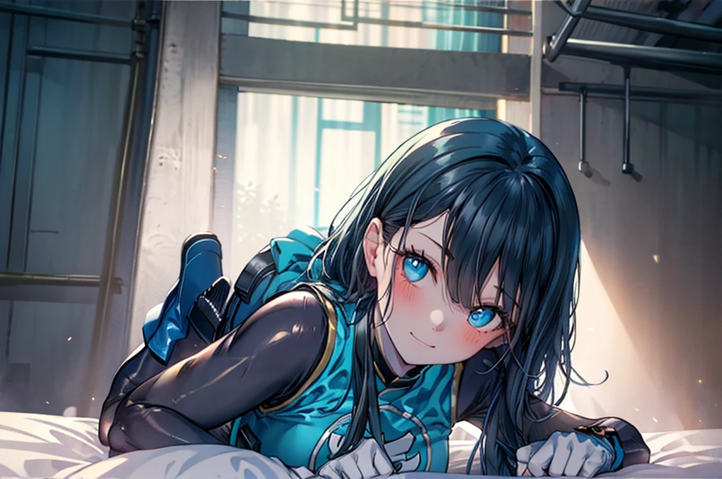 highest quality,Lie on your back in bed，Bow-legged，Show me your boots，Thigh-high boots，leotardチラ見せ，Gloves，elegant, 1 girl, leotard，Bodysuits，cute, Blushed, Looking at the audience, From below, prison，blue eyes, Beautiful Eyes, Beautiful background, Particles of light, Light of the sun, Dramatic lighting, outside, Shiny, Realistic, Tabletop, highest quality, Very detailed, Get used to it, scenery, Beautiful and detailed, Thin Hair，Full Body Shot，