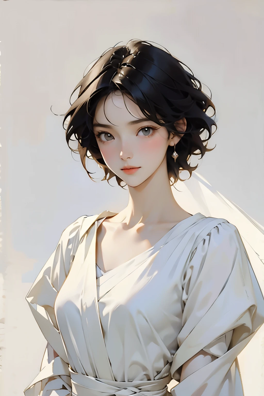 (masterpiece, highest quality:1.2), 1 Female, alone、Beautiful Face、Lively Faces、Black-haired、short hair、Beautiful Hairstyles、Beautiful Skin、Natural standing posture、whole body、 A simple white dress、LOHAS、Soft Light、Soft Focus、((White Background))、((Blank Background))、Blur the background、