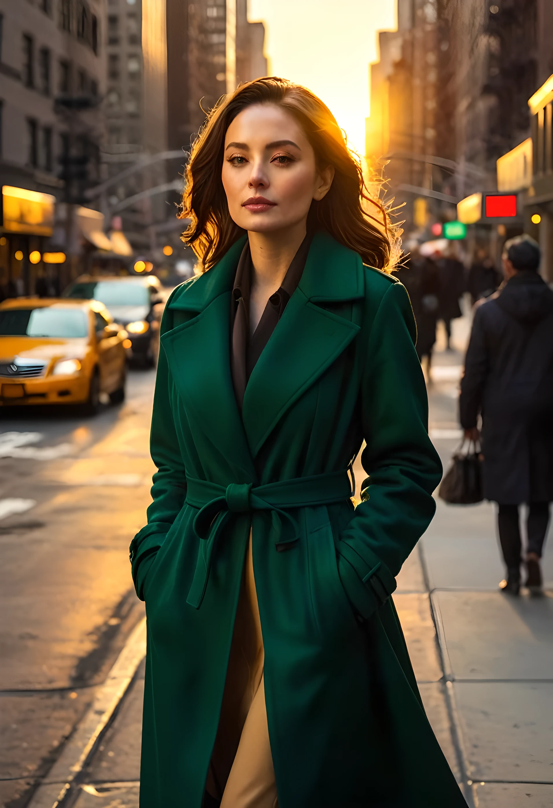 A woman, wearing a dark green coat, on the streets of Manhattan, with the golden hue of the sunset behind her. (best quality,4k,photography), detailed coat, bustling urban atmosphere, vibrant colors, evening light